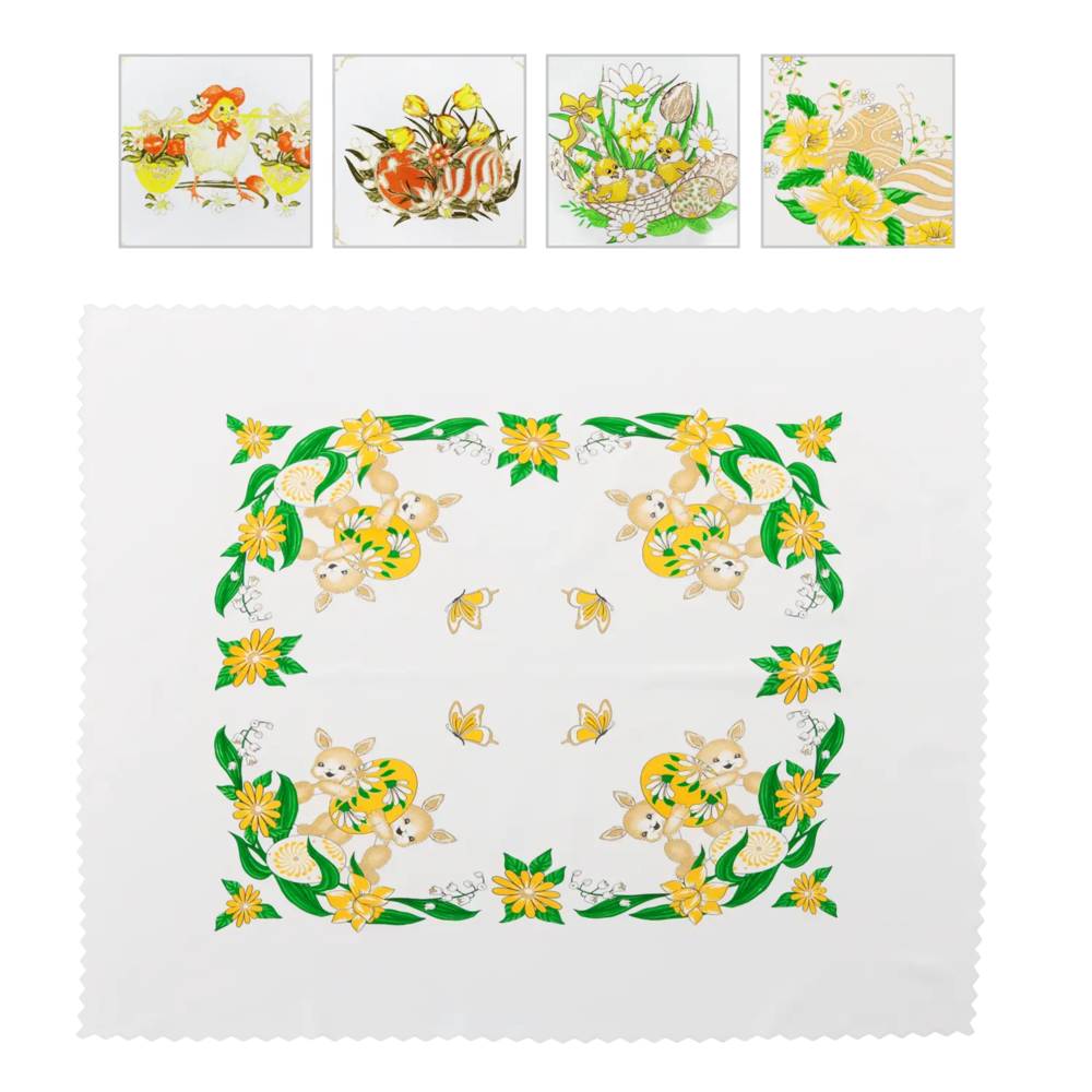 Zdjęcie produktu Serweta Wielkanocna Obrus Wielkanoc Zajączki Kurczaczki Kwiaty 80x80cm mix wzór 1 szt.
