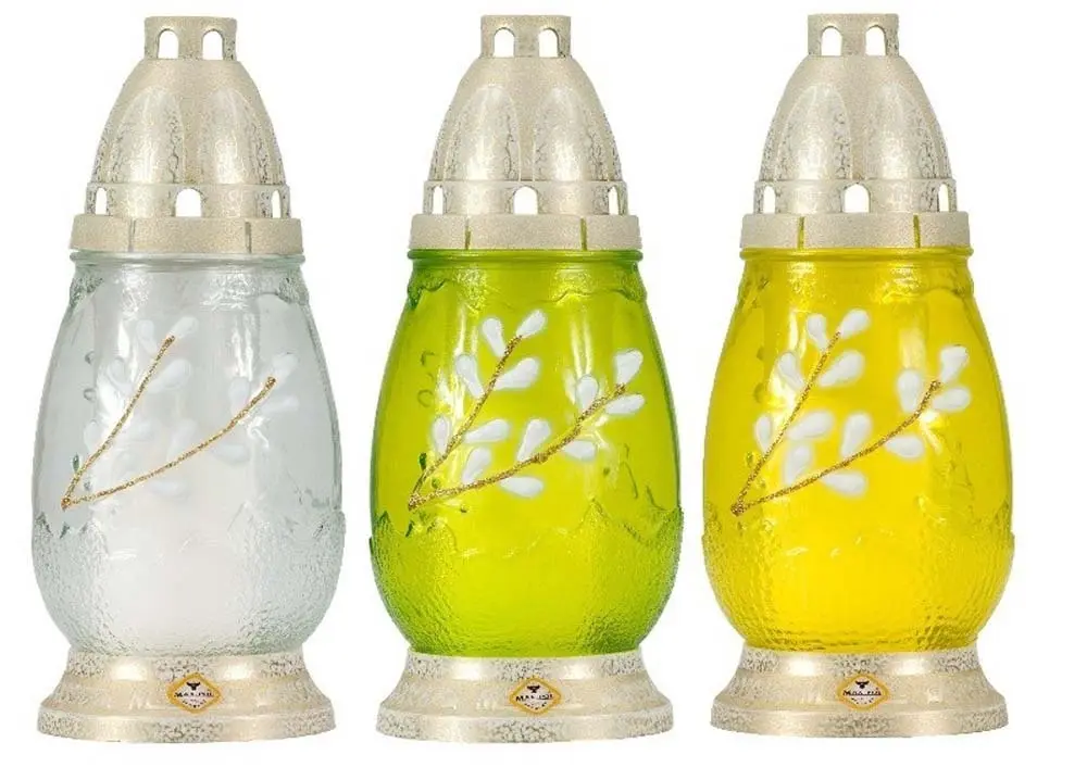 Zdjęcie produktu Znicz szklany Wielkanocny Jajko Bazie z wkładem parafinowym jasno Złoty Dekiel 590 BRO 24cm mix kolor 1szt.
