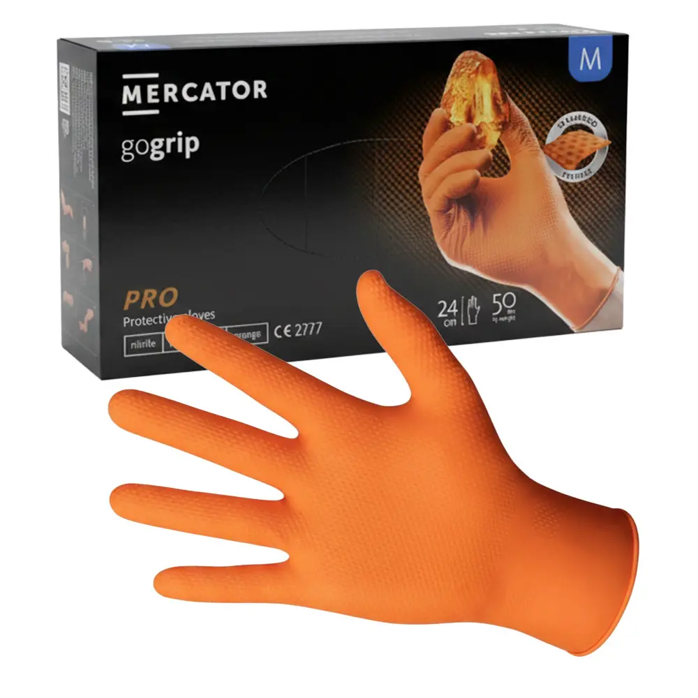 Zdjęcie produktu Rękawice nitrylowe M GoGrip A50 pomarańczowe ochronne 10 sztuk.