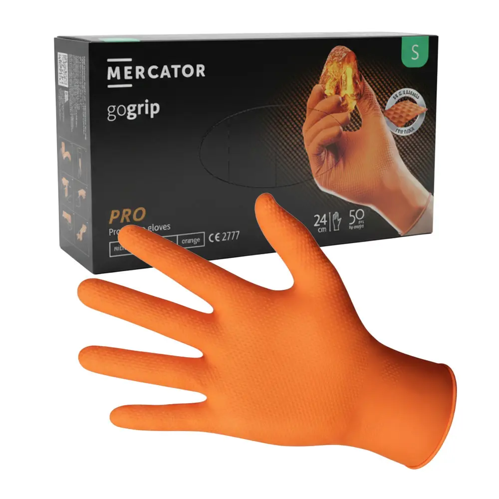 Zdjęcie produktu Rękawice nitrylowe GoGrip ochronne pomarańczowe S warsztatowe mocny chwyt 50szt.