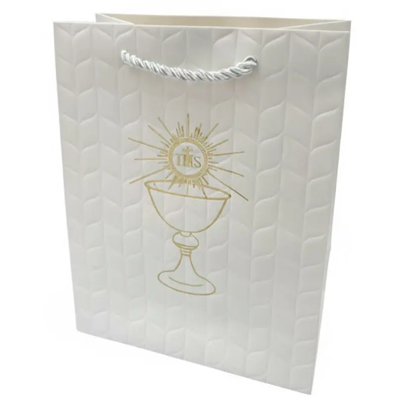 Zdjęcie produktu Torebka Prezentowa na Komunię Komunijna Biała IHS Złoty Kielich Hostia 18x10x23cm mix wzór 1szt.