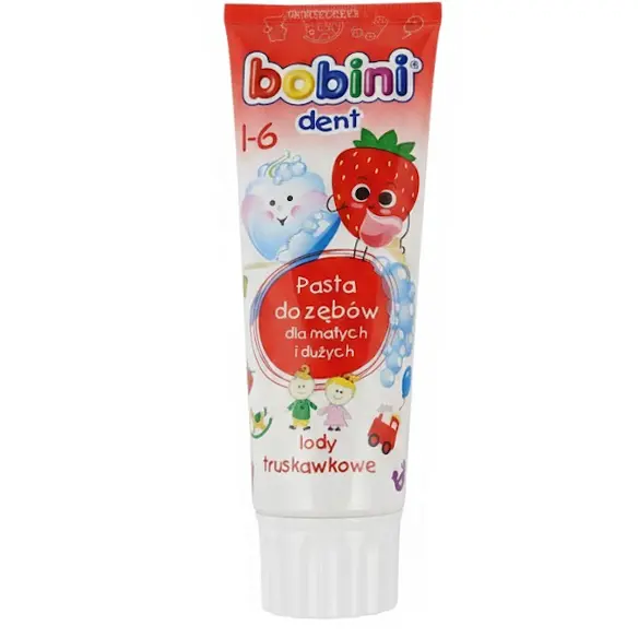 Zdjęcie produktu Pasta do zębów BOBINI dla dzieci 1-6 lat lody truskawkowe 75 ml + miękka szczoteczka gratis