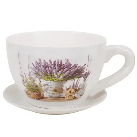 Zdjęcie produktu Osłonka ceramiczna na doniczkę na kwiaty filiżanka biała lawenda ozdobna 29x25x16 cm  mix wzór 1 szt.