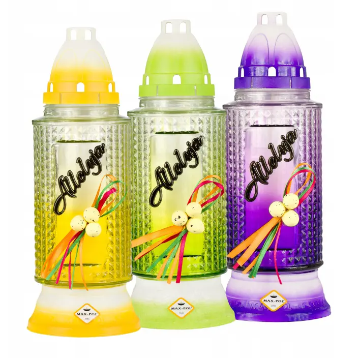 Zdjęcie produktu Znicz wielkanocny szklany na grób Alleluja z wkładem mix kolorów 30 cm