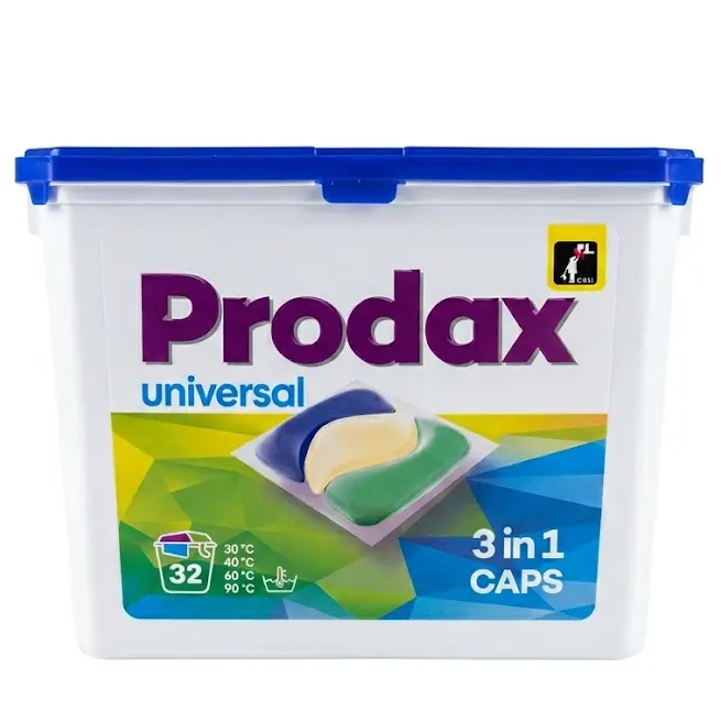 Zdjęcie produktu Kapsułki do prania tkanin Prodax uniwersalne 3w1 do białych i kolorów 32 kapsułki