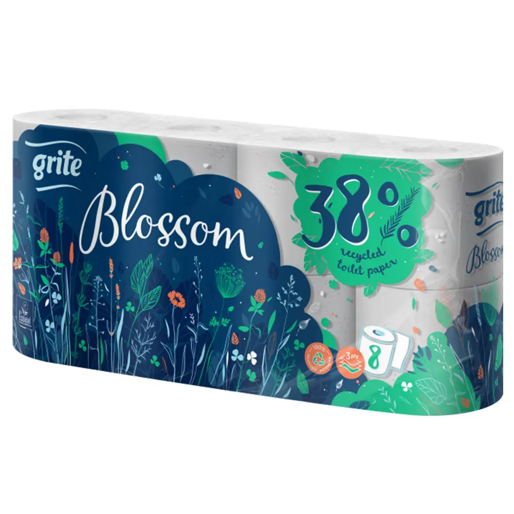Zdjęcie produktu Papier toaletowy Grite Blossom biały miękki celuloza 3 warstwy 8 rolek