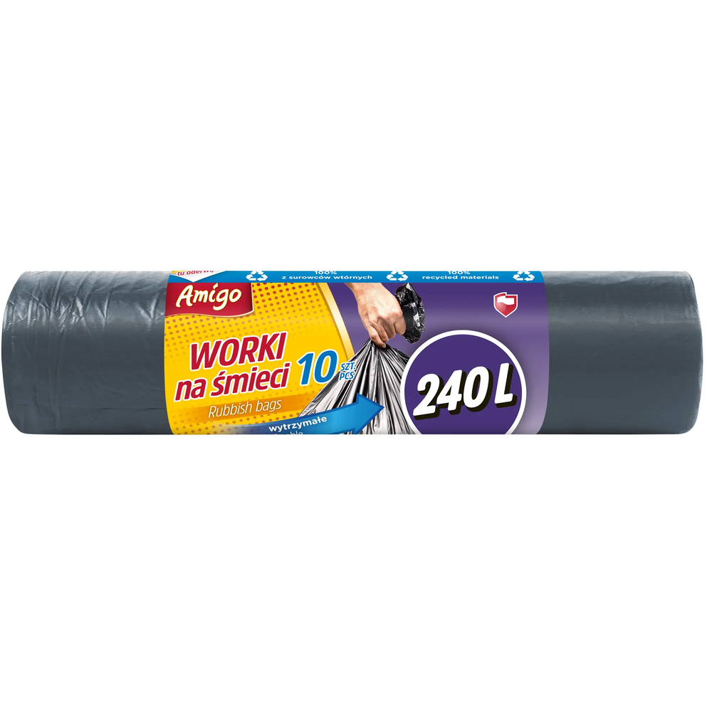 Zdjęcie produktu Worki na śmieci Amigo do odpadów duże mocne 10 sztuk 110x130 cm 240l 