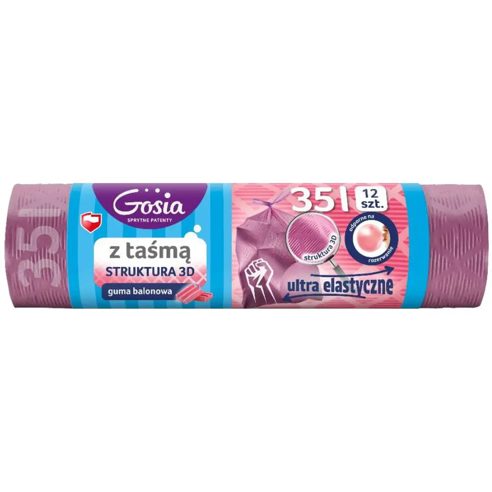Zdjęcie produktu Worki na śmieci z taśmą Gosia 3D 35L zapach gumy balonowej 12 sztuk