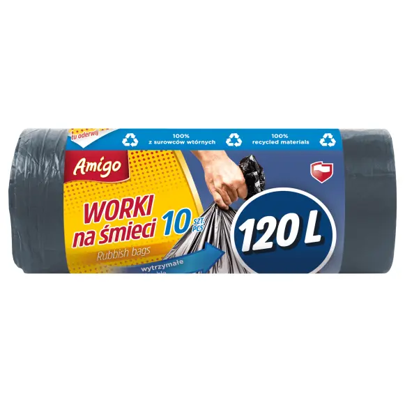 Zdjęcie produktu Worki na śmieci z taśmą Amigo 120L duże czarne elastyczne LDPE 10 sztuk