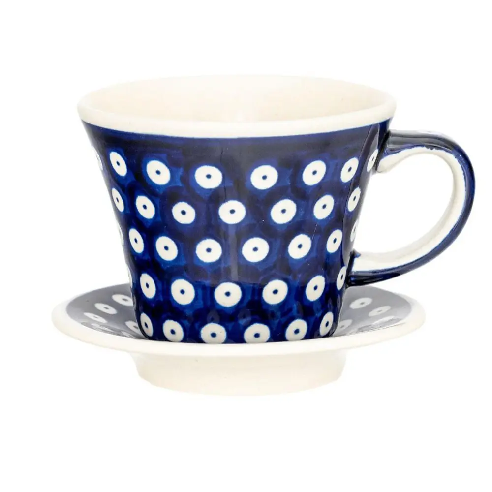 Zdjęcie produktu Filiżanka ze spodkiem tulipan ceramiczna Bolesławiec kropki retro 200 ml