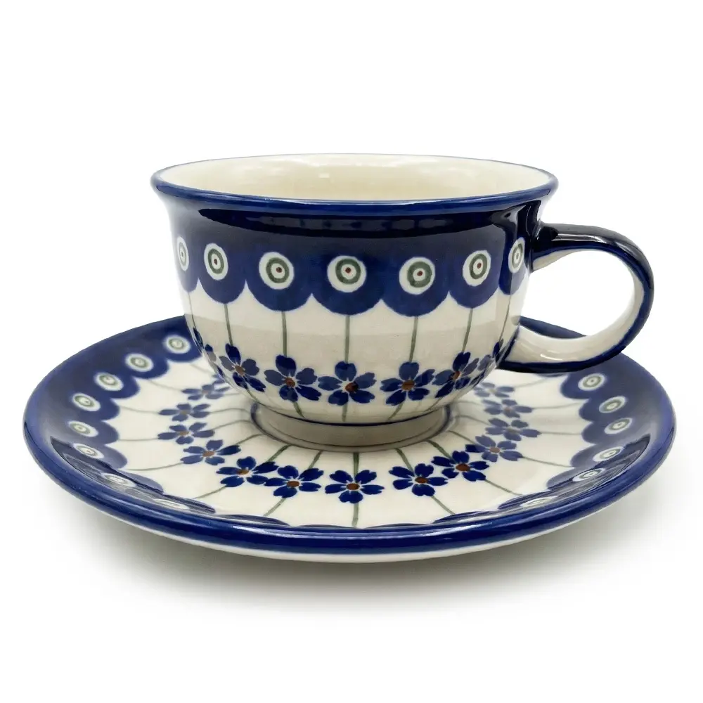 Zdjęcie produktu Filiżanka ceramiczna ze spodkiem wzór kwiatowy bolesławiecka 220 ml