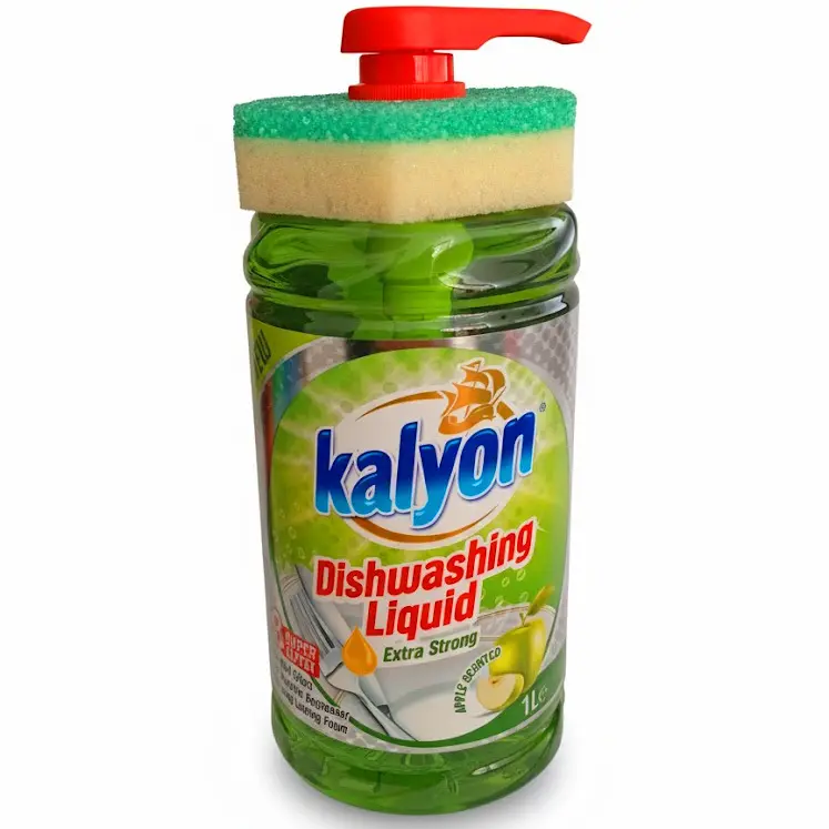 Zdjęcie produktu Płyn do mycia naczyń Kalyon jabłkowy z pompką i gąbką extra strong 1l 
