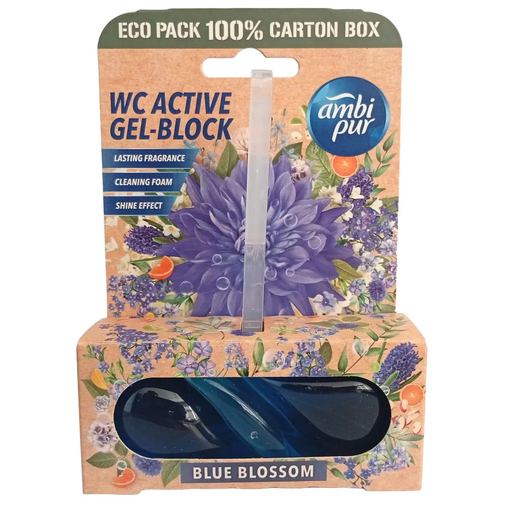 Zdjęcie produktu Zawieszki do toalety wc żel Ambi Pur Blue Blossom koszyk kostka czyszcząca barwiąca 1szt.