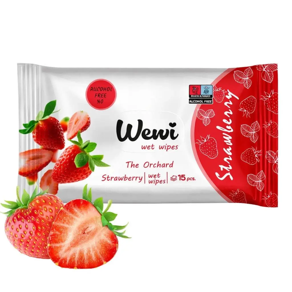 Zdjęcie produktu Chusteczki nawilżane do rąk i ciała Wewi Strawberry Zapach Truskawek bezpieczne także dla niemowląt 15szt