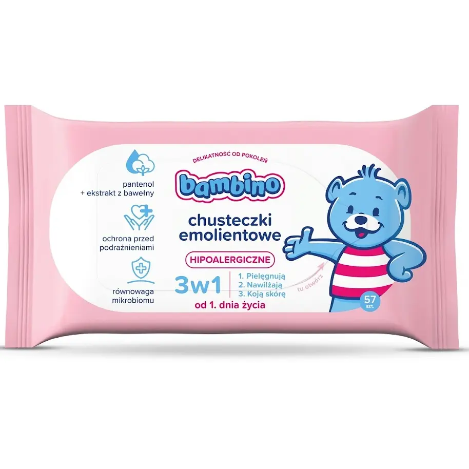 Zdjęcie produktu Hipoalergiczne Chusteczki Nawilżane Emolientowe Bambino 3w1 od 1. dnia życia dogłębnie nawiżają skórę 57szt.