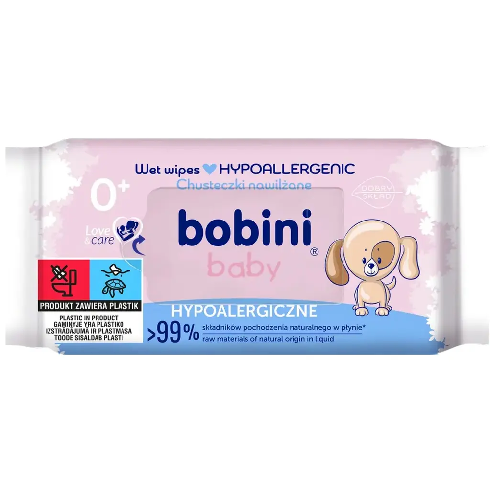 Zdjęcie produktu Hipoalergiczne Chusteczki Nawilżane Bobini dla dzieci i niemowląt od 1 dnia życia Ultra Bezpieczne 60szt.