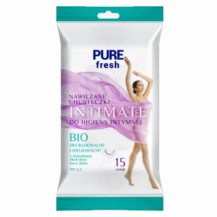 Zdjęcie produktu Chusteczki nawilżane do higieny intymnej Pure Fresh w 100% Biodegradowalne i Spłukiwalne 15szt.