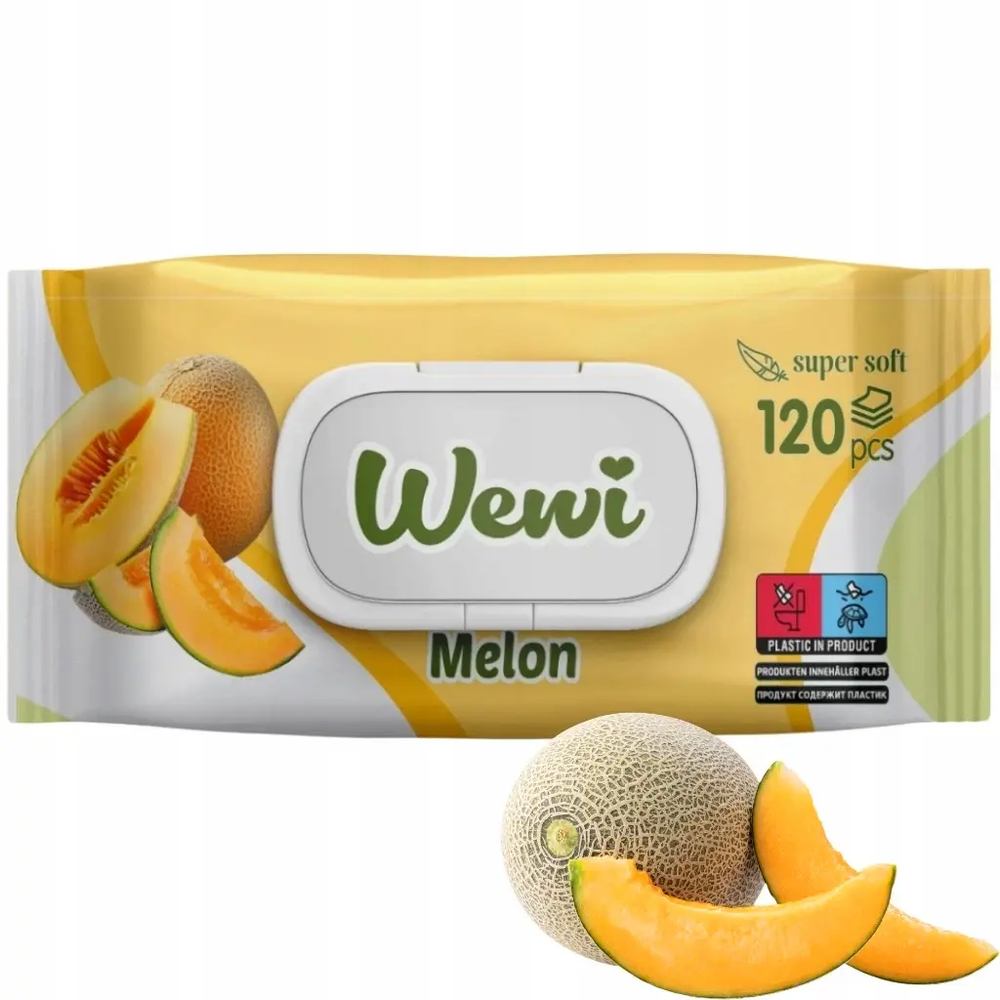 Zdjęcie produktu Chusteczki nawilżające do rąk i ciała Wewi Melon odświeżające bezpieczne także dla niemowląt 120 szt.