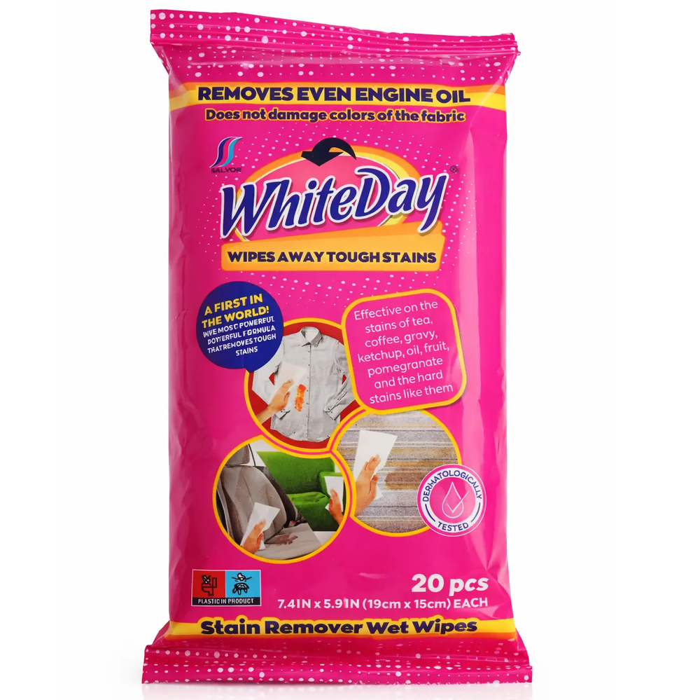 Zdjęcie produktu Chusteczki odplamiające do ubrań i tapicerki WhiteDay 19x15 cm 20 szt.