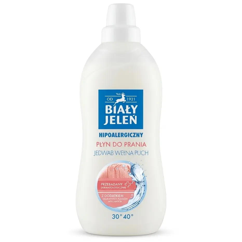 Zdjęcie produktu Hipoalergiczny Płyn do Prania Biały Jeleń Jedwab Wełna Puch z dodatkiem delikatnych płatków mydlanych 1L
