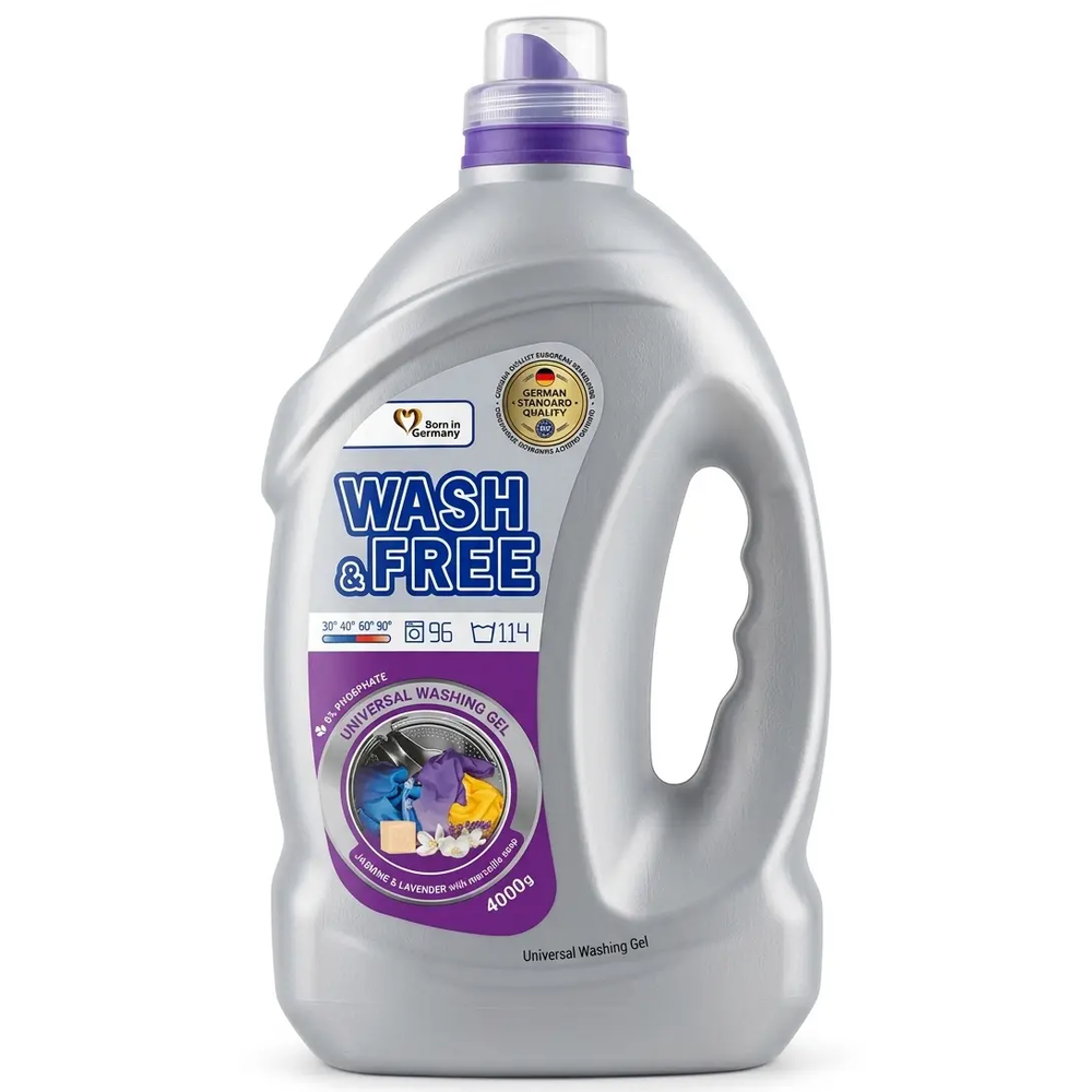 Zdjęcie produktu Uniwersalny Żel do Prania Wash and Free Jasmin i Lawenda z mydłem marsylijskim już od 30stC 4kg 