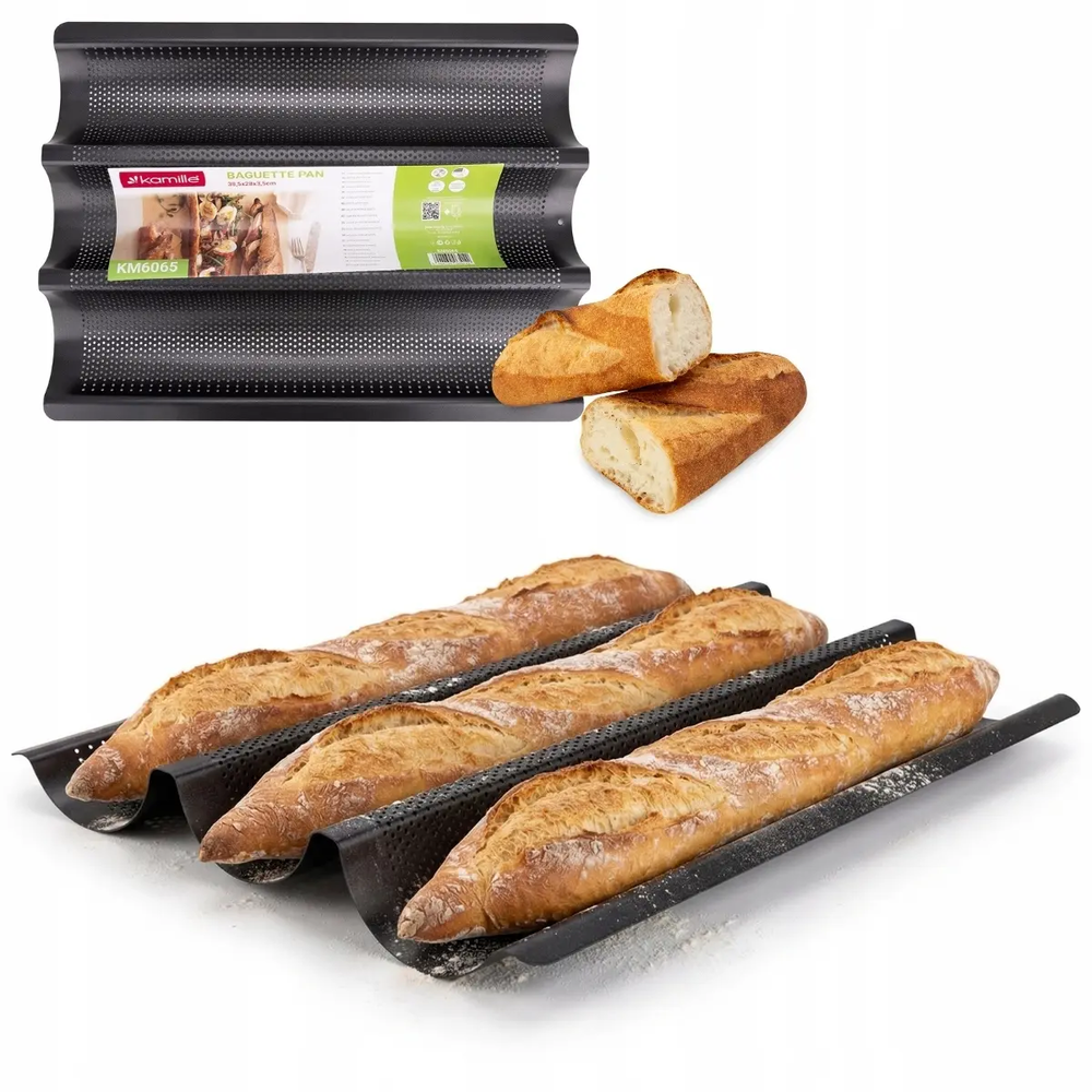 Zdjęcie produktu Forma do pieczenia bagietek Kamille blacha na 3 bułki 38x24,5x2,5 cm 