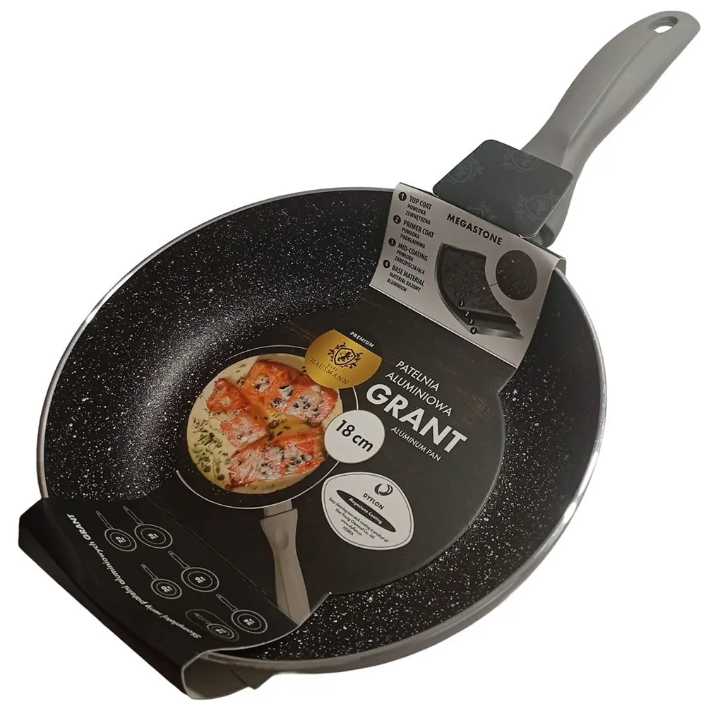 Zdjęcie produktu Patelnia Aluminiowa Hausmann Grant 18 cm zapobiega przywieraniu do wszystkich rodzajów płyt grzewczych