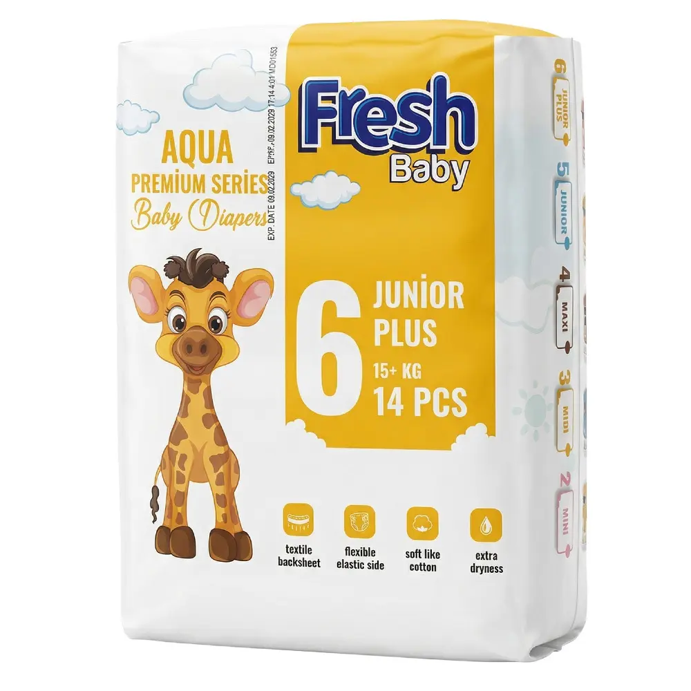 Zdjęcie produktu Pieluszki dla dzieci jednorazowe aqua premium 6 junior plus 15 kg 14 szt