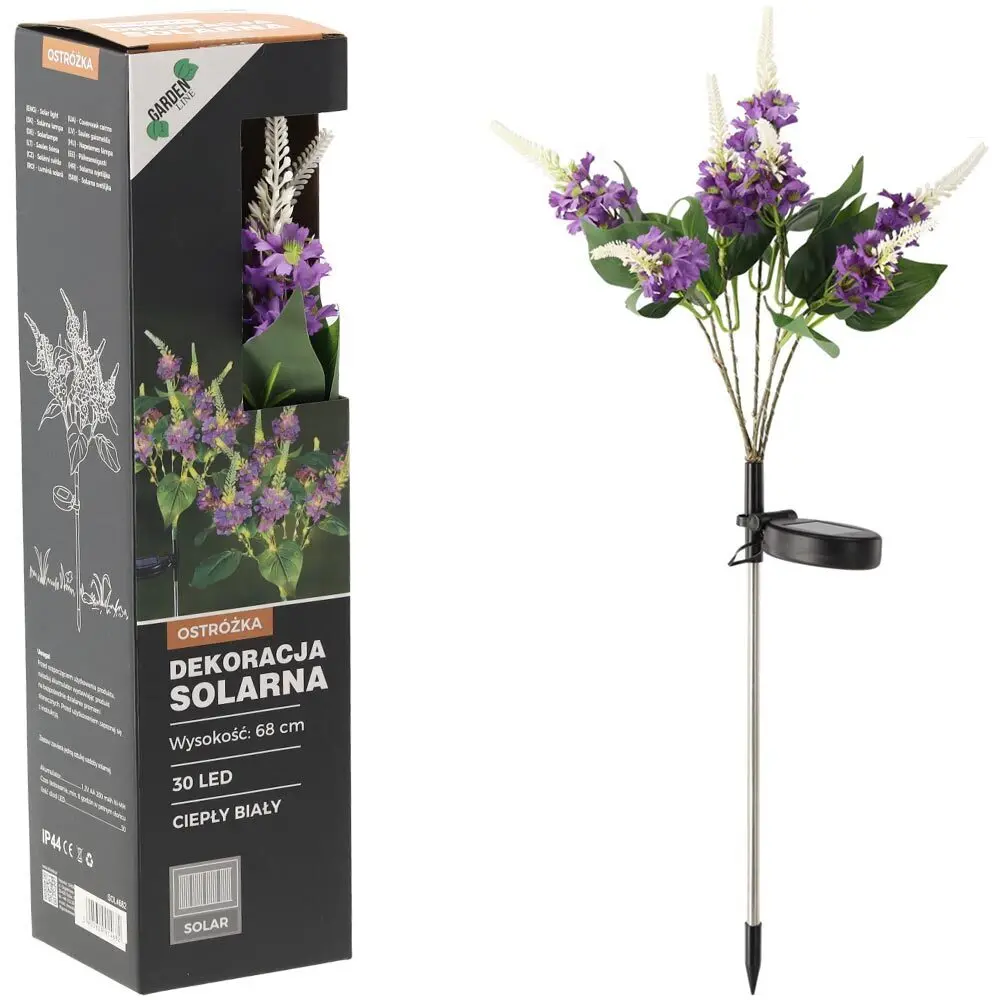 Zdjęcie produktu Dekoracja Solarna Ogrodowa Kwiat Ostróżka 30 led ciepła biała 68 cm