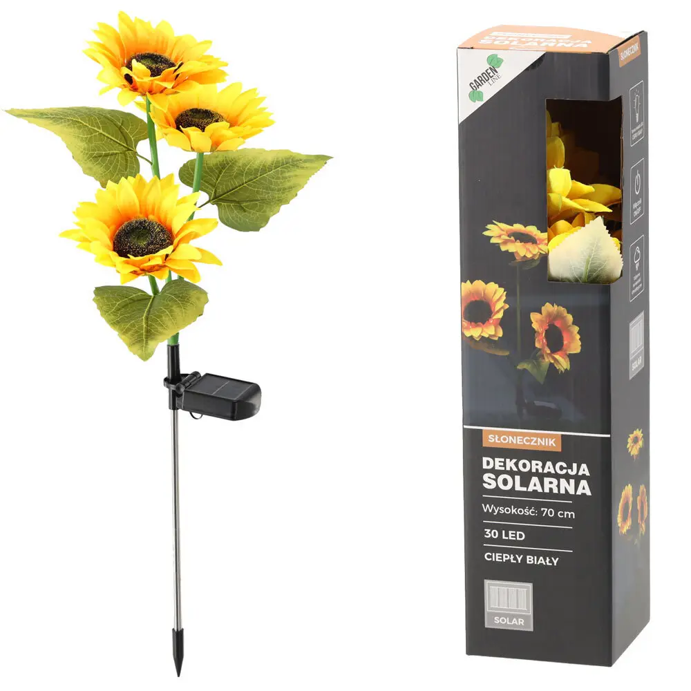 Zdjęcie produktu Dekoracja Solarna Ogrodowa Kwiat Słonecznik 30 led ciepła biała 70 cm