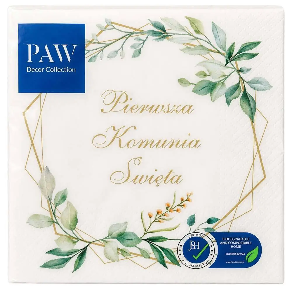 Zdjęcie produktu Serwetki Papierowe Komunijne na Pierwszą Komunię Świętą Zielony Wianek i Złoto 33x33 cm białe 20 sztuk
