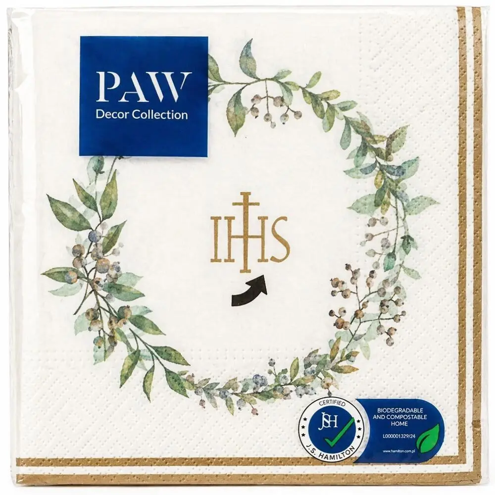 Zdjęcie produktu Serwetki Papierowe Komunijne na Pierwszą Komunię Świętą Zielony Wianek i Złoto IHS 33x33 cm białe 20 szt