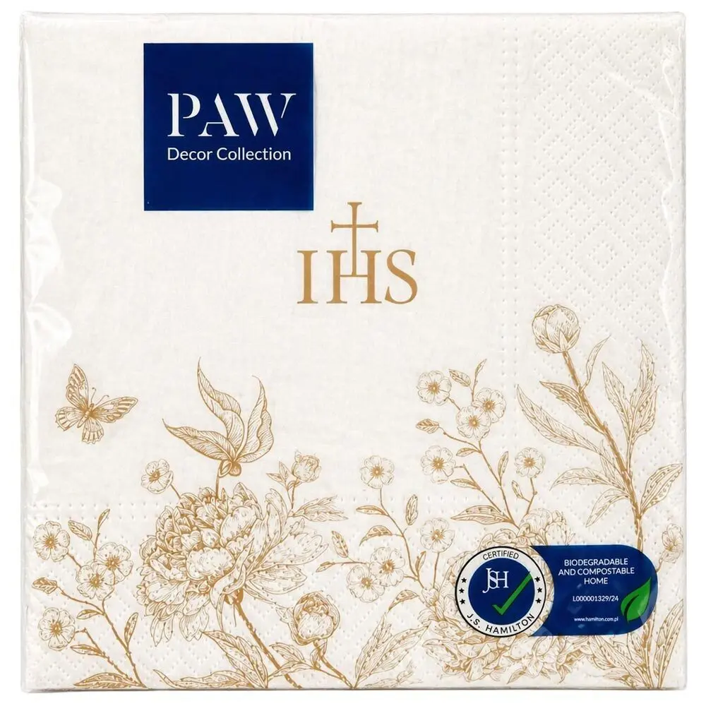Zdjęcie produktu Serwetki Papierowe Komunijne na Pierwszą Komunię Świętą Złoto IHS Motywy Roślinne 33x33 cm białe 20 szt