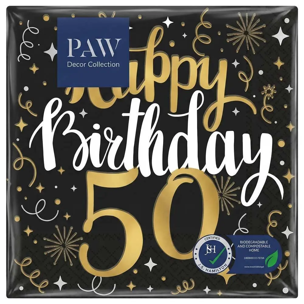 Zdjęcie produktu Serwetki Urodzinowe 50 urodziny Happy Birthday czarno złote 3 warstwy 33x33 cm