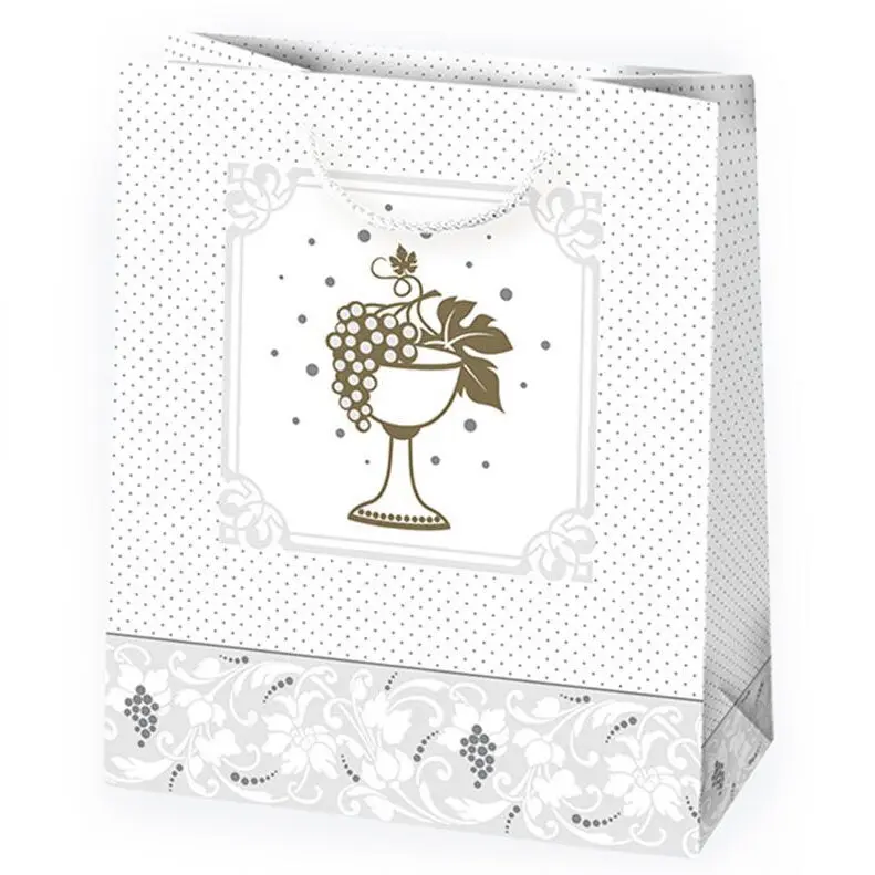 Zdjęcie produktu Torebka Prezentowa na Komunię Komunijna Biała IHS Złoty Kielich Hostia 19x10,5x23cm mix wzór 1szt.