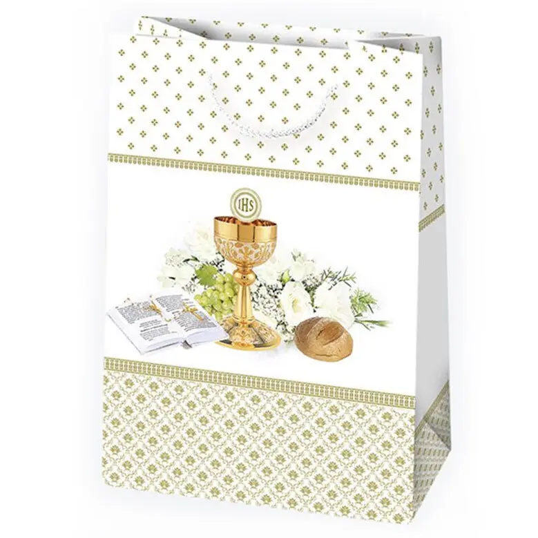 Zdjęcie produktu Torebka Prezentowa na Komunię Komunijna Biała IHS Złoty Kielich Hostia 29x12x40cm mix wzór 1szt.