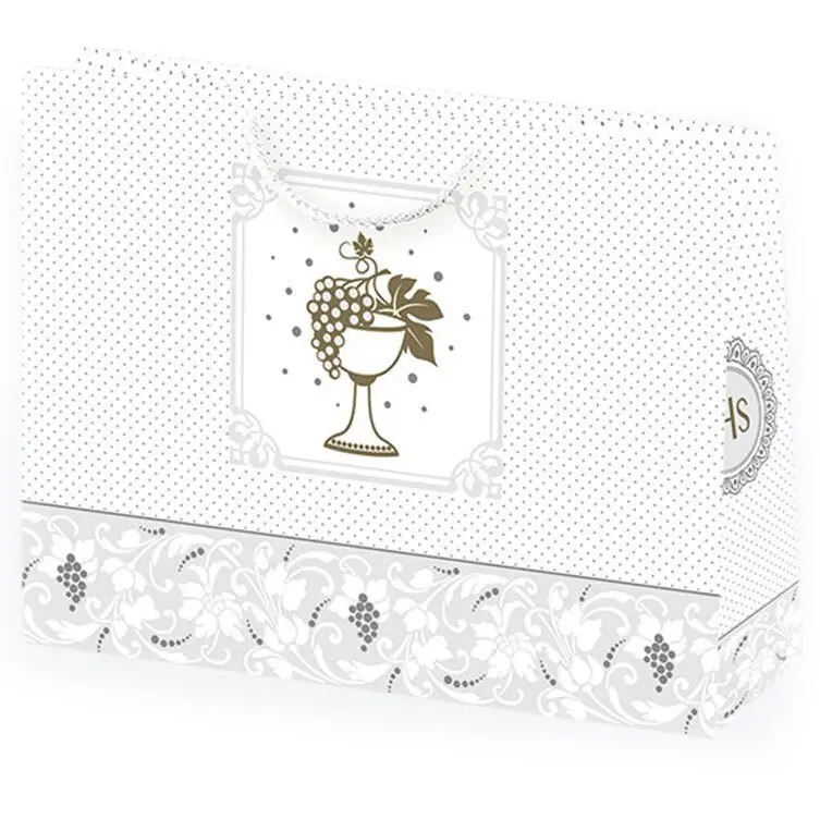 Zdjęcie produktu Torebka Prezentowa na Komunię Komunijna Biała IHS Złoty Kielich Hostia 38x10x29cm mix wzór 1szt.