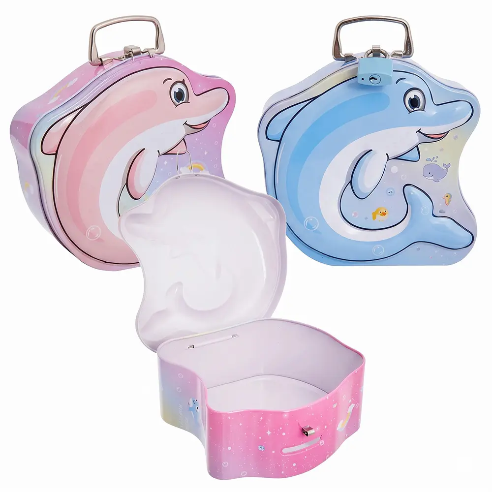 Zdjęcie produktu Metalowa skarbonka dla dzieci delfin z kłódką na kluczyk skarbonka 14x13x6 cm