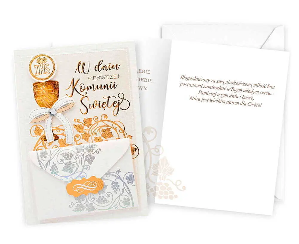 Zdjęcie produktu Pamiątka Pierwszej Komunii Świętej Kartka na Komunię z kopertą Złoty Metalizowany dk-1240