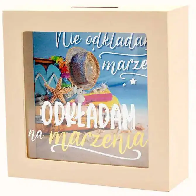 Zdjęcie produktu Skarbonka drewniana ramka Odkładam na Marzenia do zbierania pieniędzy SBB-021