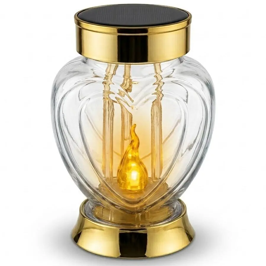 Zdjęcie produktu Latarnia Solarna Led Złota Lampion Znicz Szklany Serce Żółty Płomień z wymiennymi akumulatorkami 17 cm                                        