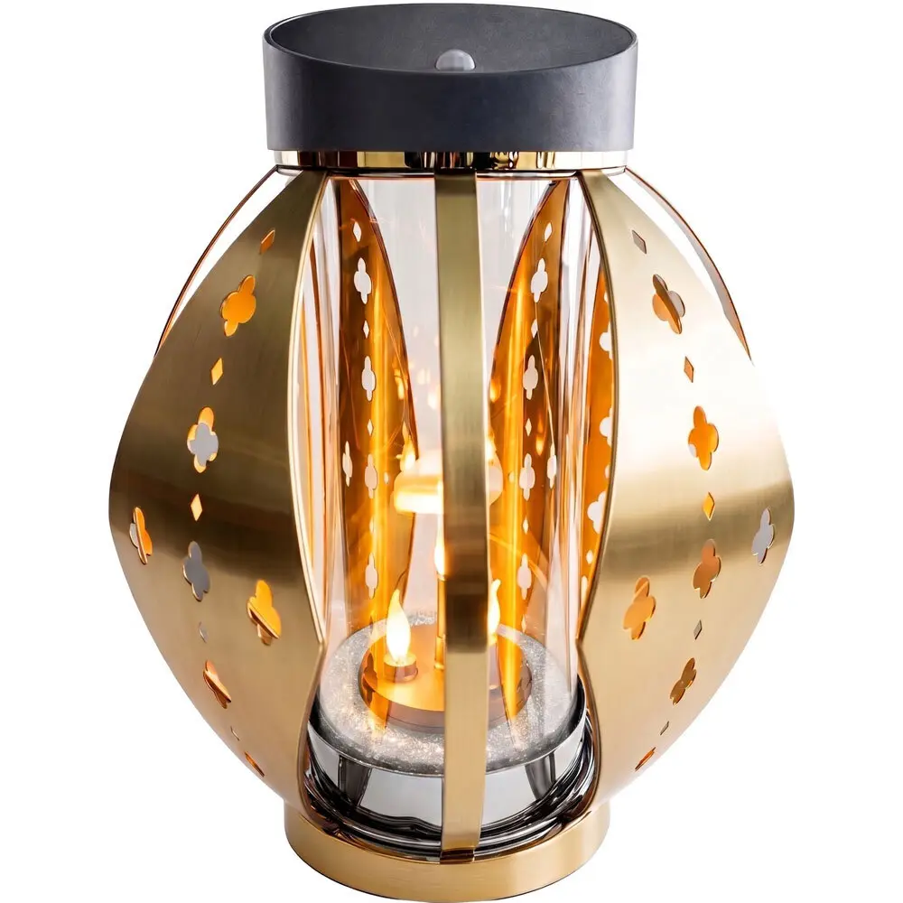 Zdjęcie produktu Latarnia Solarna Led Lampion Znicz efekt płomienia złota szklana wymienny akumulator LN-SL006Z 25 cm                                                                             