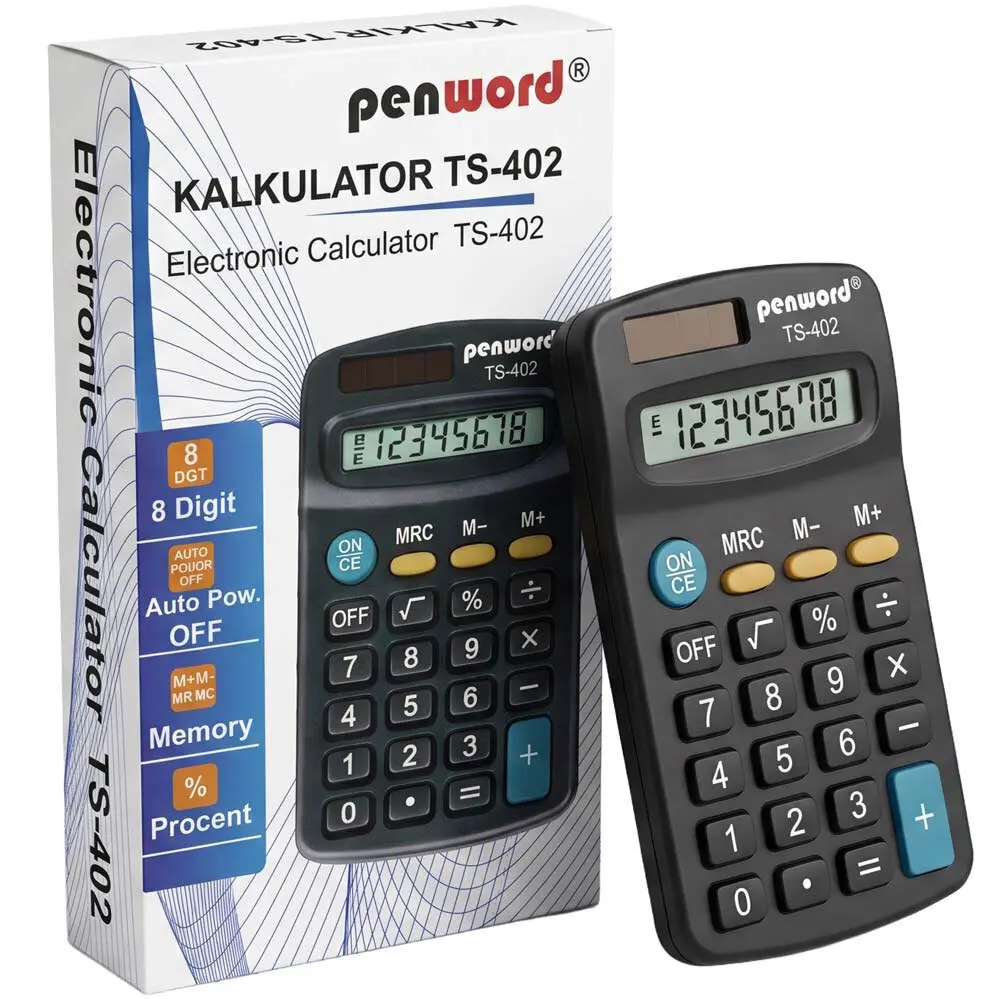 Zdjęcie produktu Kalkulator Kieszonkowy Penword na baterie oraz zasilanie solarne TS-402