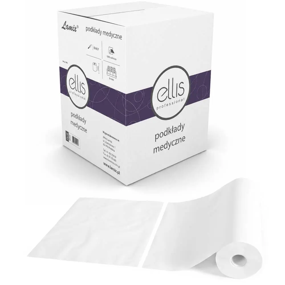 Zdjęcie produktu Podkład medyczny Ellis Professional celulozowy dwuwarstwowy biały prześcieradło w rolce 50m x 60cm