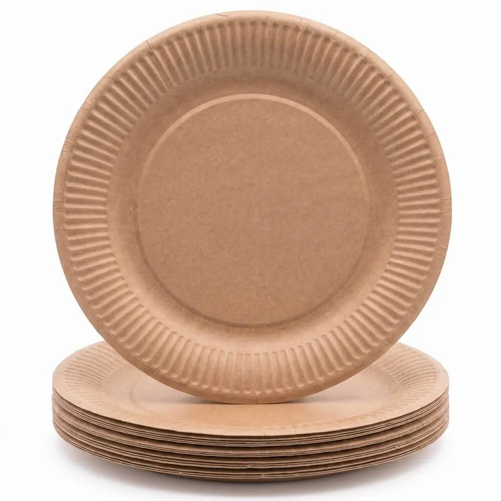 Zdjęcie produktu Talerz Papierowy Kraft na grill szaszłyk kiełbasę ciasto biały uniwersalny BEZ SUP fi 23 cm 100 sztuk