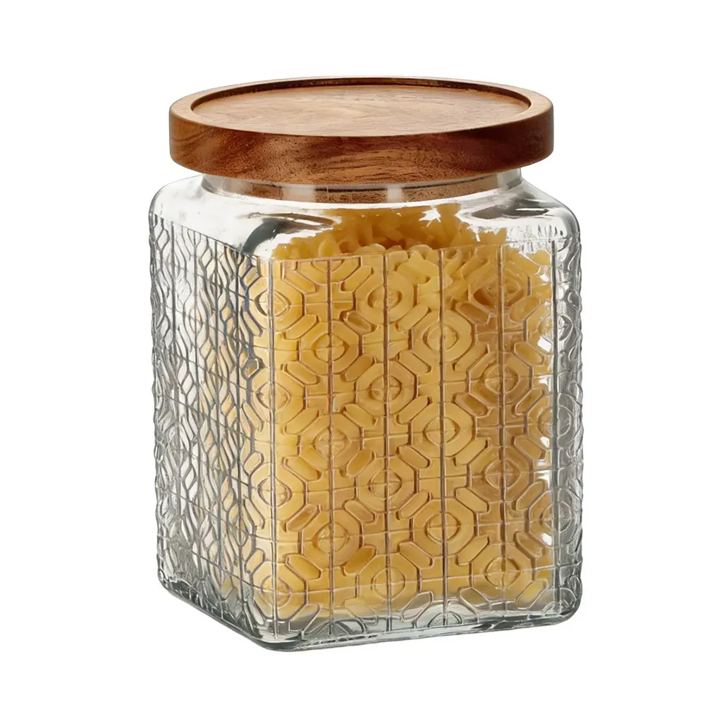 Zdjęcie produktu Sloik kwadratowy szklany z drewniana pokrywka pojemnik kuchenny 14 cm