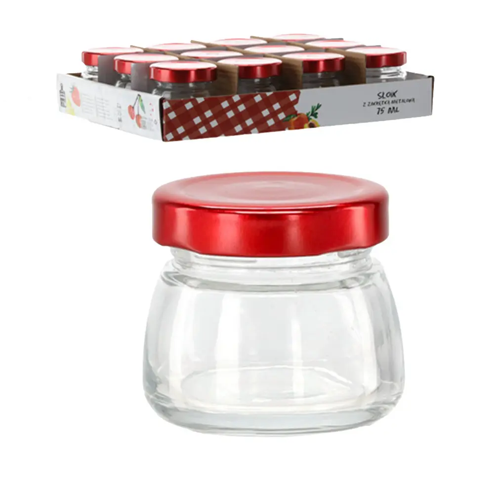 Zdjęcie produktu Słoik szklany mały słoiczek z czerwoną metalową zakrętką dżem miód 75 ml