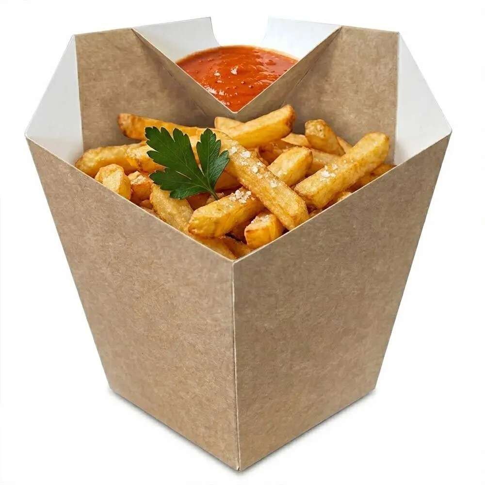 Zdjęcie produktu Kartoniki na Frytki z sosjerką pojemniki papierowe pudełka 250ml 65x65x75mm 25 sztuk