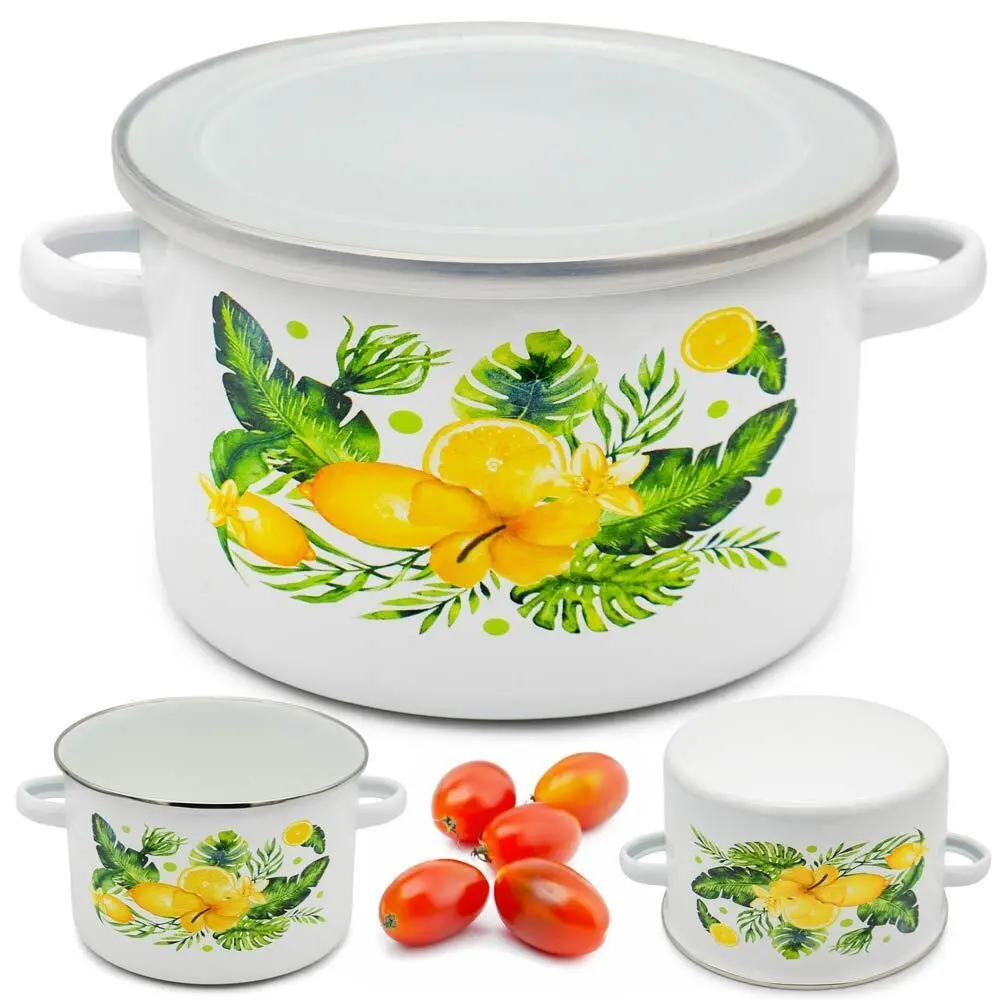 Zdjęcie produktu Garnek z Pokrywką Emaliowany Garnuszek 12cm na Zupy Kuchenny Cytryny 800 ml