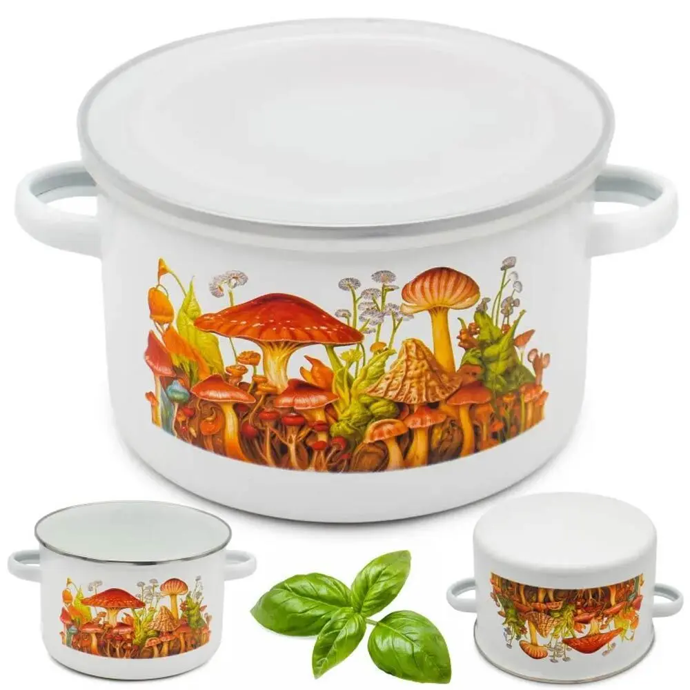 Zdjęcie produktu Garnek z Pokrywką Emaliowany Garnuszek 14cm na Zupy Kuchenny Grzyby 1,3 L